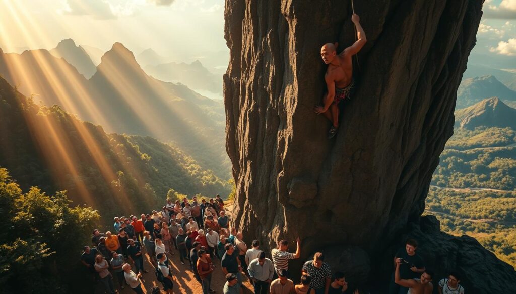 A breathtaking, cinematic scene showcasing the impact of rock climbing achievements on Indonesia. In the foreground, a skilled climber clings to a towering, rugged cliff face, their muscles straining with determination. Shafts of warm, golden light illuminate the scene, casting dramatic shadows across the rock. In the middle ground, a diverse crowd of spectators watches in awe, their faces filled with a sense of national pride. The background reveals a panoramic vista of lush, verdant forests and majestic mountain peaks, symbolizing Indonesia's natural grandeur. The overall atmosphere conveys a palpable sense of accomplishment, inspiring viewers to appreciate the profound influence of Indonesia's rock climbing triumphs.