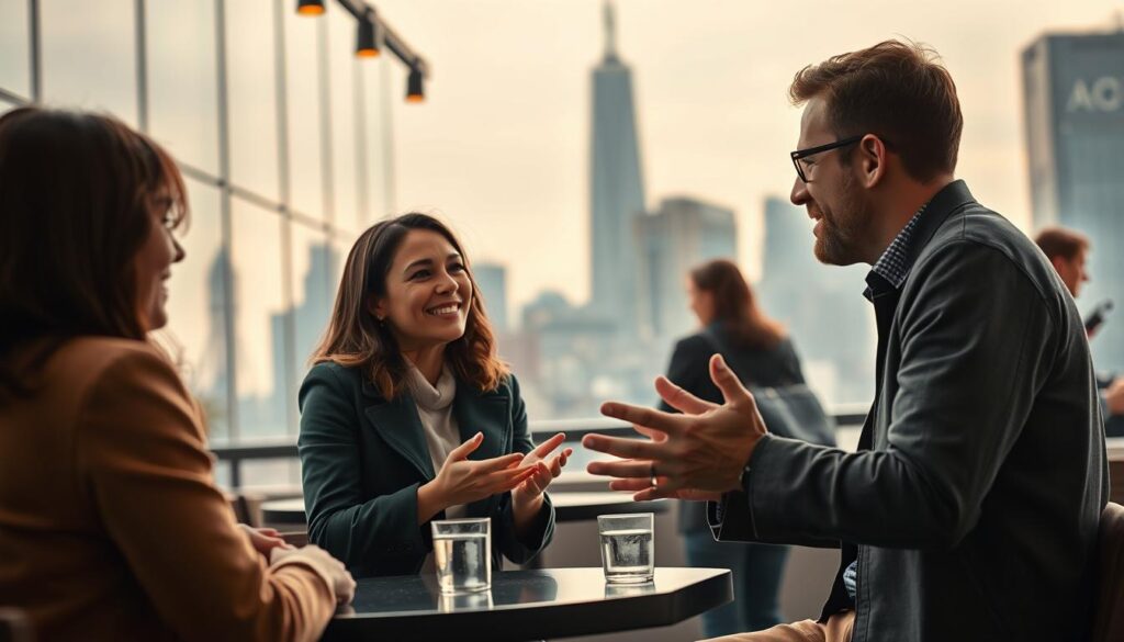 A bustling urban scene, with two people engaged in a thoughtful, face-to-face conversation. The foreground features the two individuals, their expressions earnest and attentive, gesturing animatedly as they exchange ideas. The middle ground showcases a modern, minimalist café setting, with clean lines and muted tones that create a calming atmosphere. In the background, the city skyline rises, hinting at the broader context and interconnectedness of the dialogue. Soft, warm lighting illuminates the scene, casting a friendly, collaborative mood. The overall composition conveys the importance of effective, open-minded communication in fostering understanding and progress.