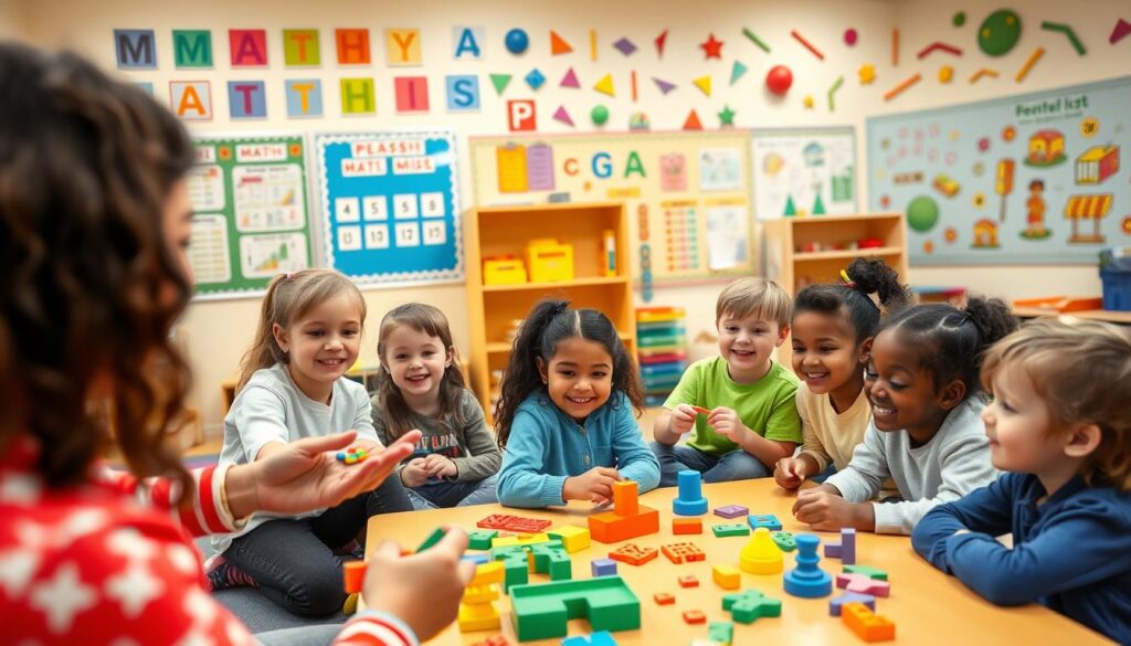 A cheerful, vibrant classroom setting with a group of young students enthusiastically engaged in a playful math lesson. In the foreground, a teacher guides them through interactive activities using colorful manipulatives and visual aids. The middle ground features students working collaboratively in small groups, their faces alight with excitement as they solve engaging math puzzles. The background showcases an array of educational posters, geometric shapes, and a lively mural depicting mathematical concepts. The lighting is warm and inviting, creating a nurturing and stimulating environment that encourages learning through discovery and joy.