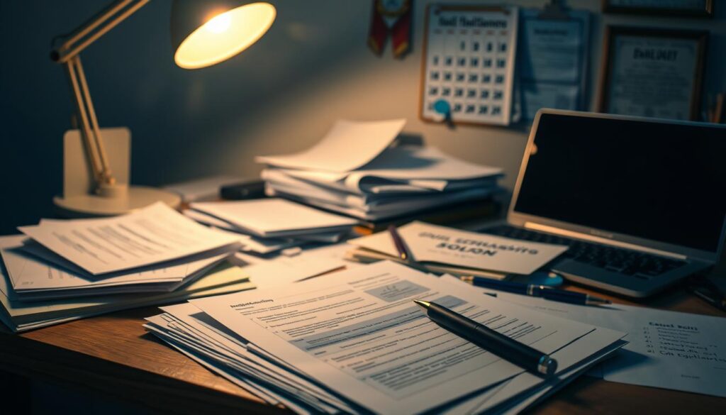 A cluttered desk with various documents, folders, and a laptop, illuminated by a warm, desk lamp. In the foreground, a stack of application forms and a pen, symbolizing the preparatory work for a scholarship application. In the background, a wall calendar and a framed certificate or diploma, hinting at the academic and professional achievements of the aspiring design student. The lighting casts a cozy, focused atmosphere, conveying the determination and attention to detail required for a successful scholarship application.