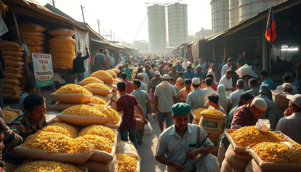 A crowded, bustling agricultural market scene at noon, with vibrant colors and a sense of urgency. In the foreground, stalls overflowing with sacks of freshly harvested golden-hued rice grains, haggling farmers and merchants negotiating prices. In the middle ground, a sea of people carrying baskets and bags, pushing through the throngs. The background reveals a towering silo, a symbol of the critical infrastructure supporting the rice supply chain, yet casting an ominous shadow over the scene. Warm, directional sunlight illuminates the market, creating dramatic shadows and highlights that convey the energy and tension of a price crisis unfolding. The overall mood is one of uncertainty and economic strain, reflecting the broader context of the "Politik Korporasi Dan Isu Beras Oplosan" narrative.