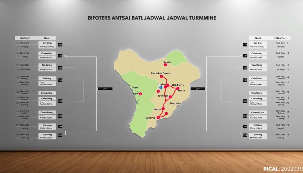 A detailed schedule and location map for a high-profile badminton tournament, captured in a sleek, modern design. The foreground showcases a meticulously crafted tournament bracket, with team names and match details arranged in a clean, structured layout. The middle ground features a vibrant, color-coded map highlighting the tournament venues, with precise locations and travel routes. The background maintains a minimalist aesthetic, with muted tones and subtle graphical elements that complement the overall informative and professional tone. Sophisticated lighting and high-quality rendering techniques create a sense of depth and visual balance, making this image an ideal supplement to the article's "Info Lengkap dan Jadwal Turnamen" section.