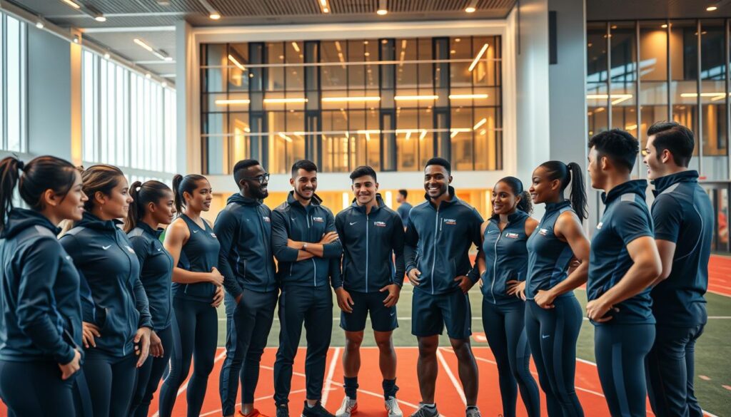A dynamic and vibrant scene of the Athletic Federation, captured in high-resolution. In the foreground, a diverse group of athletes in sleek, modern sportswear warmly engage in a team meeting, discussing strategy and preparation for the upcoming World Police and Fire Games. Their faces exude determination and camaraderie. In the middle ground, the federation's state-of-the-art training facilities come into view, with cutting-edge equipment and a pristine indoor track. The background showcases the organization's headquarters, a striking modern building with clean lines and expansive windows, bathed in warm, golden lighting that creates a sense of professionalism and prestige. An overall atmosphere of dedication, unity, and excitement permeates the scene, reflecting the federation's commitment to supporting and empowering its athletes.