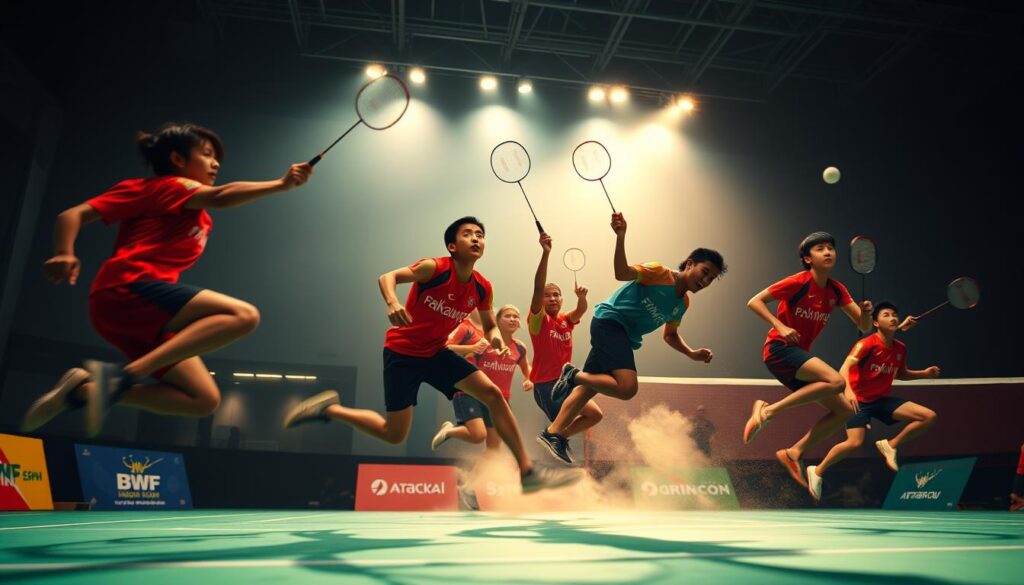 A dynamic group of Indonesian badminton athletes competing on the prestigious BWF World Tour, their skilled movements captured in crisp, cinematic detail. The players showcase their agility and power as they leap and dive, their colorful uniforms a vibrant blur against a softly blurred background. Dramatic lighting casts dramatic shadows, heightening the intensity of the action. The camera angle is positioned low, emphasizing the athletes' physical prowess and the spectacle of the international tournament. An air of determination and national pride permeates the scene, reflecting Indonesia's storied legacy in the sport of badminton.