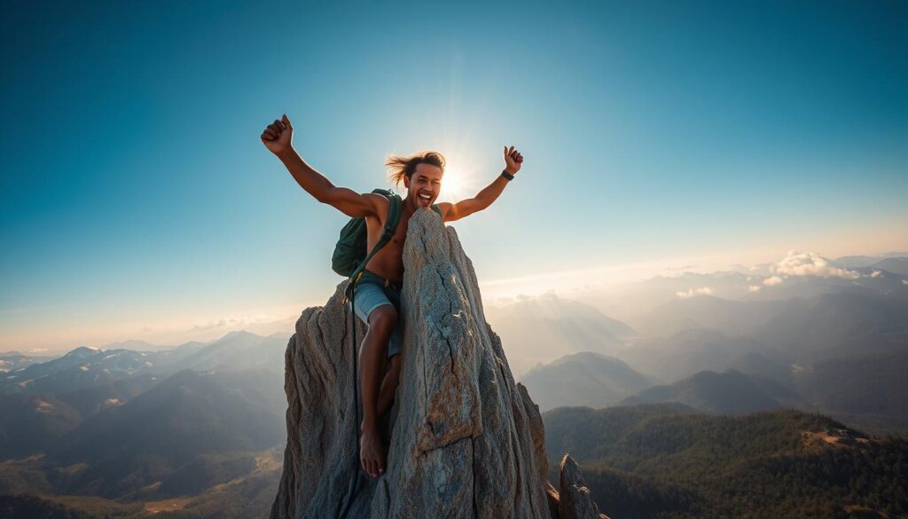 A dynamic, larger-than-life portrait of a triumphant Indonesian rock climber, mid-ascent on a towering, craggy mountain peak. Strong beams of golden sunlight illuminate the climber's determined expression and muscular physique as they cling to the weathered rock face, the wind whipping their hair. The backdrop is a majestic, sweeping landscape of rugged, snow-capped peaks and verdant forests, conveying a sense of the climber's immense accomplishment and the grandeur of their sport. The image captures the climber's unwavering focus, physical prowess, and the thrill of reaching the summit, embodying the spirit of success and achievement in the world of Indonesian rock climbing.
