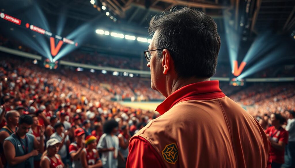 A focused, dedicated national team supporter stands amidst the cheering crowd, wearing a vibrant jersey emblazoned with team colors and emblems. In the middle ground, the coach intently reviews strategy with the athletes, their faces etched with determination. In the background, the stadium pulses with electric energy, the roar of the crowd fueling the spirit of the competition. Dramatic lighting casts dynamic shadows, heightening the sense of intensity and anticipation. Captured with a wide-angle lens to convey the grand scale of the event, this image embodies the unwavering support and unity that propels the national team to success.