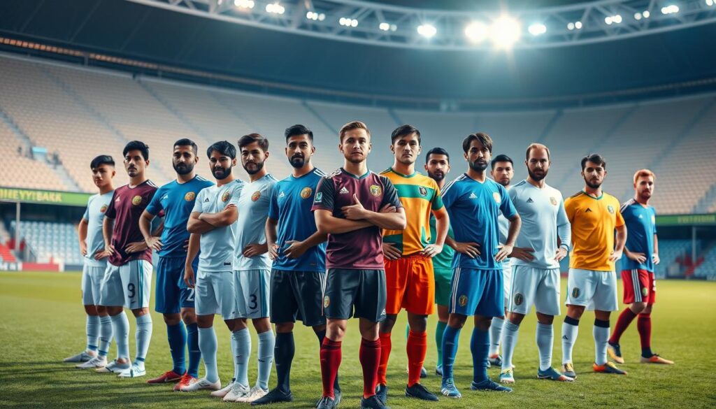 A group of foreign professional soccer players standing on a lush green field, dressed in their respective team uniforms, with a modern stadium in the background. The players exhibit a mix of diverse ethnicities, showcasing the global nature of the league. Bright, warm lighting illuminates the scene, creating a sense of dynamism and excitement. The players are posed in various action-oriented stances, conveying the intense competitiveness and skill of the new "foreign player" regulations in the Super League 2025.