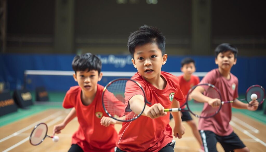 A group of young badminton players in dynamic poses, their expressions filled with determination, as they compete in the Jaya Raya Junior Grand Prix 2025 tournament. The foreground features the players in action, their vibrant uniforms and athletic builds highlighted by soft, warm lighting. The middle ground showcases the badminton court, with its clean lines and intricate patterns, while the background subtly blurs, creating a sense of depth and focus on the central figures. The overall atmosphere conveys the excitement and intensity of the junior badminton competition, capturing the essence of the "Peserta dan Negara yang Terlibat" section.