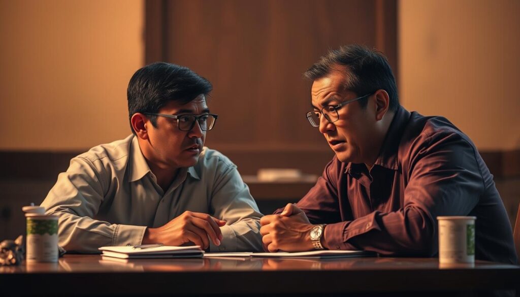 A heated discussion unfolds, two individuals seated at a table, their expressions tense, gestures animated as they grapple with the challenges of meaningful dialogue. The scene is bathed in a warm, amber light, casting subtle shadows that underscore the intensity of the moment. The background is softly blurred, drawing the viewer's focus to the central figures, their faces etched with determination and a hint of frustration. This image captures the essence of the "Tantangan dalam Dialog" - the obstacles and complexities that arise when individuals strive to truly understand one another through open and thoughtful communication.