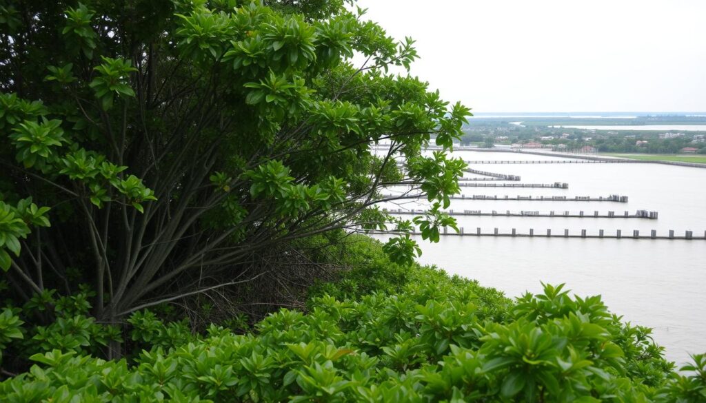 A lush mangrove forest thrives in the foreground, its tangled roots and verdant canopy creating a serene and protective barrier. In the middle ground, a network of dykes and levees stand tall, guarding against the encroaching floodwaters of a tidal surge. The background reveals a panoramic view of the coastal landscape, where residential and commercial structures are situated, their foundations threatened by the inexorable rise of the sea level. Soft, diffused lighting from an overcast sky casts a somber, contemplative mood over the scene, underscoring the urgent need for sustainable solutions to combat the effects of climate change and sea level rise in this vulnerable region.