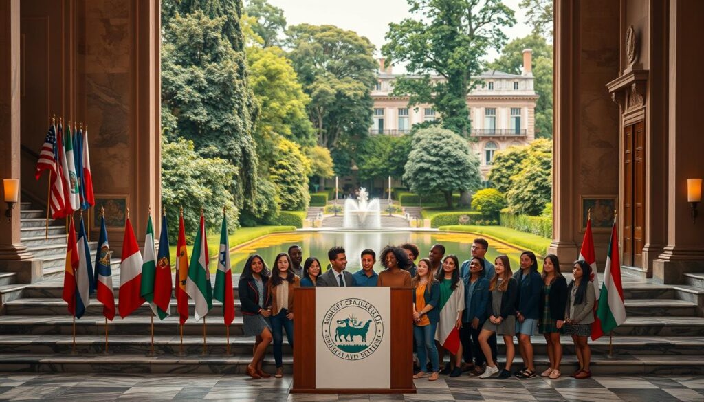 A prestigious academic setting, with a grand marble staircase leading to ornate double doors. The foreground features a display of diverse international flags, symbolizing the global reach of the scholarship program. In the middle ground, a group of enthusiastic young scholars, their faces alight with ambition, clustered around a podium showcasing the program's logo. The background depicts a lush, verdant campus, with towering ivy-covered buildings and a tranquil pond reflecting the scene. Warm, golden lighting filters through the scene, evoking a sense of opportunity and scholarly excellence. The overall atmosphere conveys the prestige, diversity, and transformative potential of this international postgraduate scholarship.