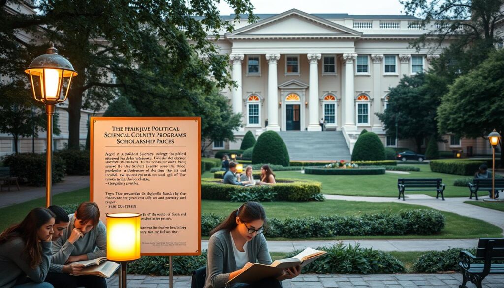 A prestigious university campus with a grand, neo-classical architecture. In the foreground, a group of diligent students are studying together under the warm glow of floor lamps, their faces illuminated with focused expressions. In the middle ground, a notice board displays information about a prestigious political science scholarship program, its details meticulously listed. In the background, a lush, manicured garden provides a serene, contemplative atmosphere, with benches where scholars can pause and ponder. The lighting is soft and diffused, evoking a sense of intellectual rigor and academic excellence. The angle is a three-quarter view, allowing the viewer to fully immerse in the scholarly environment.