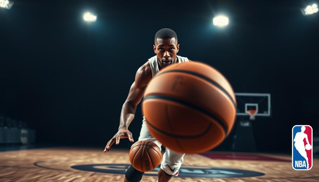 A professional basketball player dribbling a ball with determination on a dimly lit basketball court. The player's face is in sharp focus, capturing the intensity and focus in his eyes. The background is blurred, creating a sense of depth and emphasizing the player's movements. Dramatic lighting casts dramatic shadows, adding a sense of drama and urgency to the scene. The player's uniform is detailed, showcasing the team colors and logos. The court surface is textured, with faint lines and markings visible. An NBA logo is subtly placed in the corner, reinforcing the professional setting.