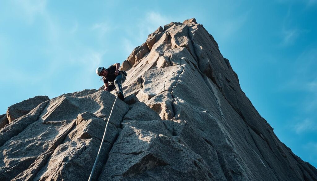 A rugged rock face, the surface etched with crevices and ridges, rises majestically against a backdrop of azure sky. Perched on the edge, a lone climber, clad in specialized gear, poises with determination, their gaze fixed on the challenging ascent ahead. Ropes and carabiners dangle from their harness, a testament to the meticulous planning and training that has brought them to this moment. The lighting is soft and diffused, casting subtle shadows that accentuate the climber's movements and the texture of the rock. A sense of focus and concentration permeates the scene, hinting at the strategic approach and disciplined regimen that has shaped the climber's skills. The image conveys the essence of the "Strategi Pelatihan dan Pembinaan Atlet" section, capturing the essence of the climber's journey towards mastery.