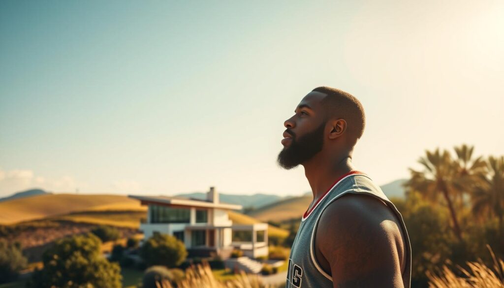 A serene, sun-drenched landscape unfolds, showcasing Chris Paul in his post-NBA chapter. In the foreground, he stands tall, gazing into the distance with a contemplative expression, his professional basketball gear replaced by casual attire that exudes a sense of ease and contentment. The middle ground features a well-appointed home, its modern architecture blending seamlessly with the lush, verdant surroundings. In the background, rolling hills and a cloudless sky create a tranquil, picturesque setting, evoking a feeling of peace and fulfillment. The lighting is soft and warm, casting a golden glow that accentuates the scene's tranquility and Chris Paul's thoughtful demeanor, hinting at the exciting new chapter that awaits him beyond the NBA.