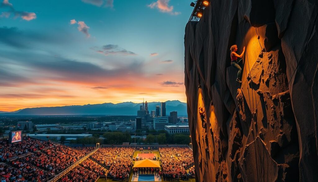 A sprawling climbing arena in the heart of Denver, Colorado, the IFSC Climbing World Cup 2025 unfolds. The foreground features a dynamic scene of elite climbers scaling towering walls, their chalk-coated fingers gripping the intricate rock formations. Spotlights bathe the competition area in a warm, golden glow, casting dramatic shadows that accentuate the athletes' powerful movements. In the middle ground, the audience watches in rapt attention, their faces alight with excitement. The background showcases the iconic Denver skyline, its towering skyscrapers and the Rocky Mountains beyond, framing the event with a sense of grandeur. Crisp, cinematic lighting and a wide-angle lens capture the scale and energy of this prestigious climbing showcase.