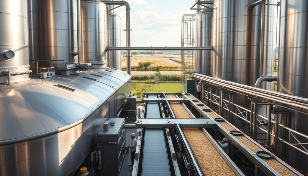A state-of-the-art rice mill, its sleek metal exterior gleaming under bright, natural lighting. Massive silos and conveyor belts dominate the foreground, highlighting the facility's industrial efficiency. In the middle ground, workers in clean uniforms operate the machinery with precision, underscoring the modern, mechanized nature of the process. The background reveals a serene, pastoral landscape, creating a striking contrast between the rural setting and the technological marvel of the mill. The overall scene conveys a sense of progress, innovation, and the industrialization of a traditionally artisanal endeavor.