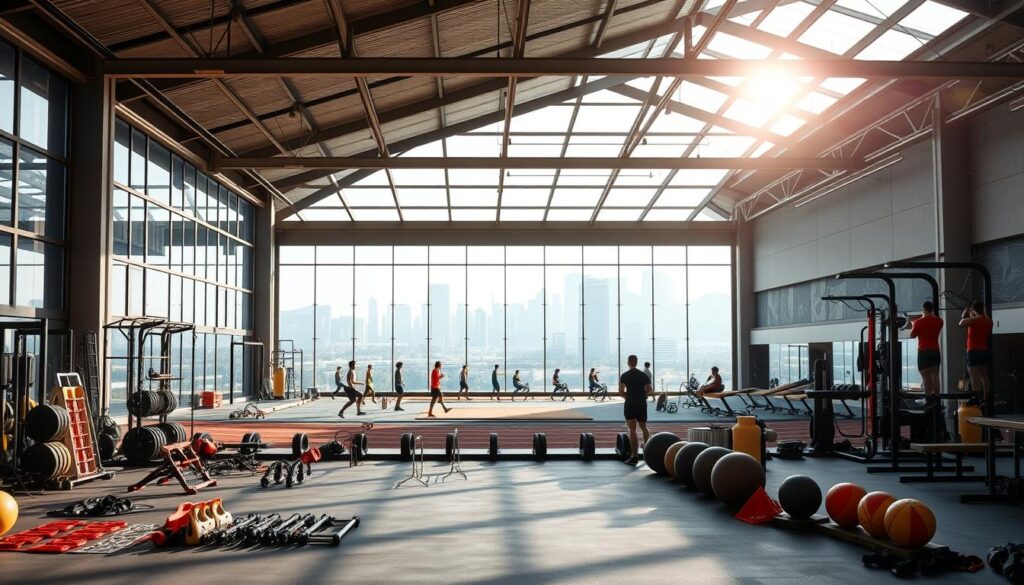 A tranquil sports arena, sunlight filtering through the glass-paneled ceiling, casting a warm glow on the various athletic equipment and training apparatus below. In the foreground, a diverse array of sports equipment - from weightlifting bars and medicine balls to agility ladders and boxing gloves - arranged in an orderly, inviting manner. In the middle ground, a group of athletes, each representing a different discipline, engaged in their respective training regimens - sprinters on the track, gymnasts on the balance beam, and rowers on the ergometers. The background features a panoramic view of the city skyline, a testament to the high-performance nature of the facility. The overall atmosphere conveys a sense of focus, dedication, and the pursuit of athletic excellence.