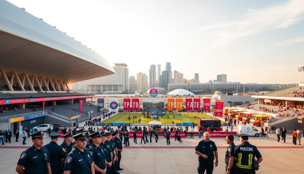 A vast, modern sports complex stands proudly, its sleek architecture and gleaming surfaces bathed in warm, golden light. The venue is abuzz with energy, as athletes, spectators, and event staff bustle about, preparing for the highly anticipated World Police and Fire Games 2025. In the foreground, a group of uniformed officers and firefighters gather, their expressions focused and determined, ready to showcase their skills and camaraderie. The middle ground features vibrant banners and signage, guiding visitors to various competition areas, while the background reveals the city skyline of Birmingham, Alabama, a backdrop that adds a sense of civic pride and global significance to the event. The overall atmosphere exudes a perfect blend of athleticism, community, and international cooperation.
