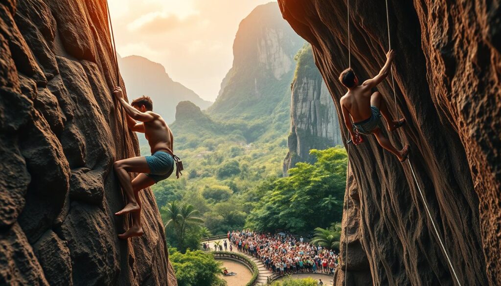 A vibrant climbing competition unfolds, showcasing the athleticism and grace of Southeast Asian climbers. The foreground features a determined competitor scaling a rugged, textured rock face, their powerful movements captured in mid-motion. The middle ground reveals a crowd of spectators, their faces alight with excitement, capturing the electric atmosphere of the event. In the background, lush greenery and towering cliffs create a dramatic natural setting, highlighting the connection between the sport and the environment. Warm, directional lighting casts dramatic shadows, accentuating the climber's muscular physique and the technical details of the rock face. The overall composition conveys the thrill, skill, and communal spirit of the Asean Climbing Championship, inspiring a sense of awe and anticipation for the sport's continued growth and popularity.