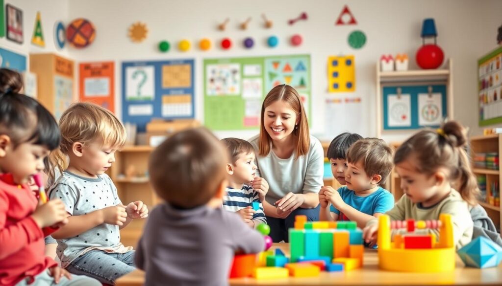 A vibrant, colorful classroom setting with a playful, inviting atmosphere. In the foreground, a group of young children, around 3-5 years old, are engaged in various hands-on mathematical activities, such as counting blocks, sorting shapes, or playing with abacuses. The middle ground features a cheerful teacher guiding the children, using visual aids and engaging materials to make the lessons fun and interactive. The background showcases educational wall displays, posters, and learning resources that reinforce mathematical concepts in a visually stimulating way. The lighting is soft and natural, creating a warm, welcoming ambiance that encourages learning and exploration. The overall composition conveys a sense of joy, discovery, and the integration of mathematics into the daily lives of young children.