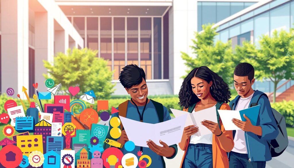 A vibrant, detailed illustration showcasing the diverse range of design scholarships. In the foreground, a collage of colorful scholarship icons and symbols representing various disciplines like graphic design, fashion, architecture, and more. In the middle ground, students of diverse backgrounds are seen examining scholarship application materials, with an air of anticipation and determination. The background features a sleek, modern university campus setting, with architectural elements and lush greenery creating a welcoming atmosphere. The lighting is soft and directional, highlighting the key elements and conveying a sense of opportunity and potential. The overall mood is one of inspiration and possibility, reflecting the transformative power of design-focused educational funding.