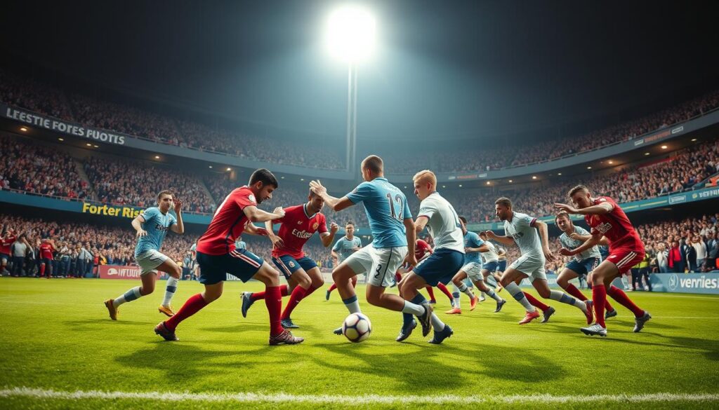 A vibrant, high-intensity football match between two fierce rivals on a lush green pitch. In the foreground, the opposing teams clashing with determination, their jerseys in contrasting colors as they battle for possession. The middle ground showcases the roaring crowd, their faces alight with excitement, waving banners and flags to spur on their beloved clubs. In the background, the floodlights illuminate the stadium, casting a warm glow over the scene and creating a sense of energy and anticipation. The lighting is dramatic, with shadows and highlights accentuating the physicality of the players and the intensity of the competition. The camera angle is dynamic, capturing the action from a low, wide perspective to emphasize the scale and drama of the match.
