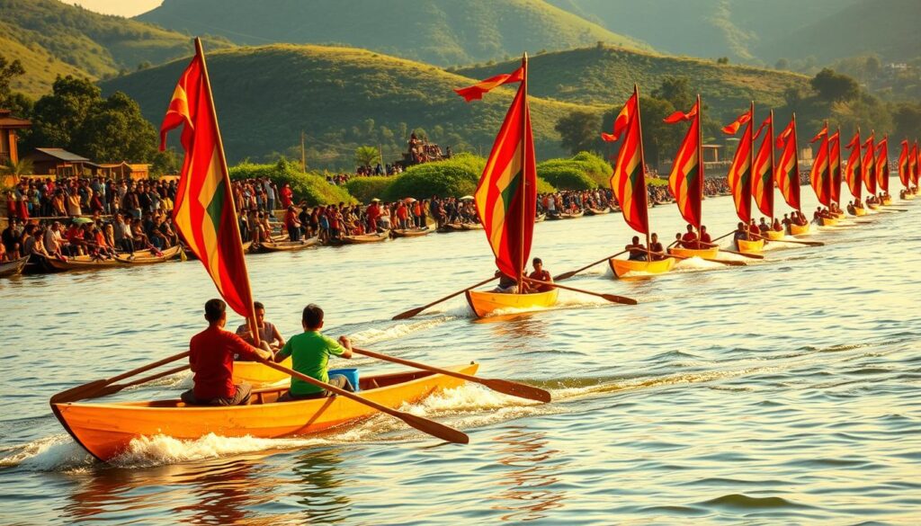 A vibrant scene of a traditional Indonesian pacu jalur boat race, capturing the thrill and energy of the moment. In the foreground, sleek wooden boats propelled by teams of oarsmen cut through the calm river, their colorful sails billowing in the breeze. The middle ground features spectators lining the riverbanks, their expressions filled with excitement as they cheer on the racers. In the background, lush, verdant hills rise up, providing a serene natural backdrop to the dynamic competition. The lighting is warm and golden, casting a soft glow over the entire scene and creating a sense of harmony and celebration. The overall atmosphere conveys the cultural significance and youthful spirit of this age-old tradition.