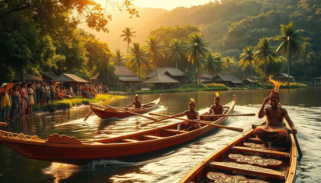 A vibrant scene of the traditional "pacu jalur" boat racing event, set against the backdrop of a lush, verdant riverbank. In the foreground, sleek, brightly-painted wooden boats with intricate carvings and ornate designs race down the tranquil waters, their oarsmen straining with effort. Spectators line the banks, their colorful traditional attire and lively expressions capturing the celebratory atmosphere. The middle ground features a picturesque village, its thatched-roof houses and swaying palm trees reflecting in the river's surface. Warm, golden sunlight filters through the canopy, casting a soft, nostalgic glow over the entire scene. Subtle hues of green, blue, and earthy tones create a harmonious, timeless composition that celebrates the vibrant cultural heritage of the "pacu jalur" tradition.