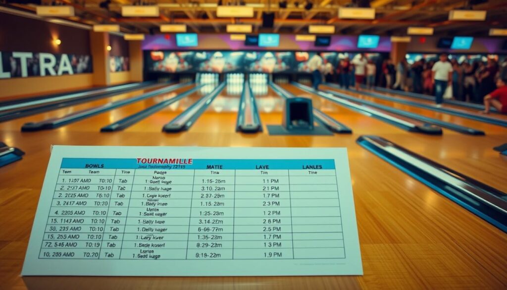 A well-lit, high-quality image of a bowling tournament schedule. The foreground features a neatly organized table displaying the tournament details, including team names, match times, and lane assignments. The middle ground showcases the bowling alley itself, with sleek lanes, polished hardwood floors, and the iconic bowling pins standing in preparation. The background sets the scene, depicting the bustling atmosphere of the venue, with spectators eagerly awaiting the start of the tournament. The lighting is warm and inviting, creating a sense of anticipation and excitement for the upcoming matches. The perspective is slightly elevated, providing a comprehensive view of the schedule and the bustling bowling alley.