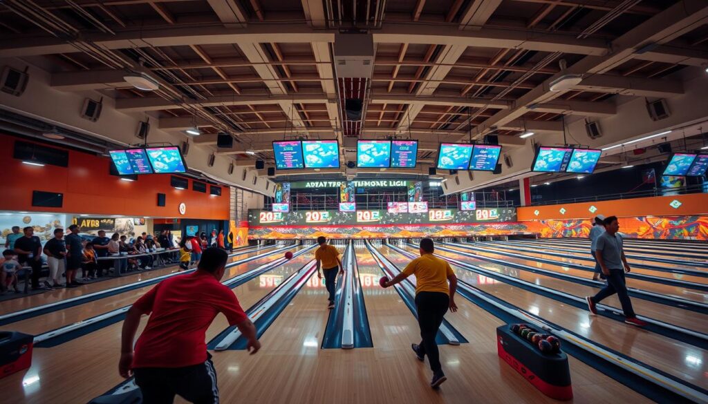A wide, high-angle shot of an indoor bowling alley in Jakarta, Indonesia. The foreground features a group of bowlers intently focused on their shots, their bodies in motion as they roll the balls down the gleaming lanes. The middle ground showcases the bustling atmosphere, with spectators cheering and scorekeepers monitoring the action. In the background, the venue's architecture is visible, with high ceilings, neon-lit scoring screens, and a vibrant color palette that evokes the energy of a competitive bowling tournament. The lighting is bright and uniform, capturing the intensity of the event. The overall scene conveys a sense of sportsmanship, camaraderie, and the pride of Jakarta's bowling community.
