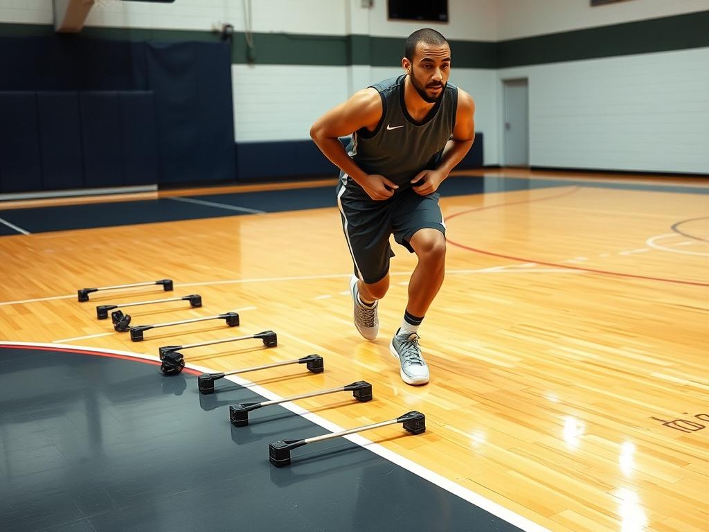 Atlet basket melakukan latihan ladder drill untuk meningkatkan kelincahan, menunjukkan latihan agility dan keseimbangan untuk atlet bola voli dan basket Atlet basket melakukan latihan ladder drill untuk meningkatkan kelincahan, menunjukkan latihan agility dan keseimbangan untuk atlet bola voli dan basket