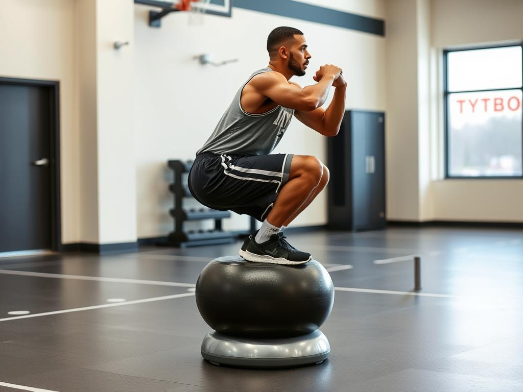 Atlet basket melakukan squat di atas bosu ball untuk melatih keseimbangan, contoh latihan agility dan keseimbangan untuk atlet bola voli dan basket Atlet basket melakukan squat di atas bosu ball untuk melatih keseimbangan, contoh latihan agility dan keseimbangan untuk atlet bola voli dan basket