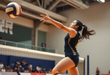 Atlet bola voli melakukan gerakan agility saat pertandingan, menunjukkan pentingnya latihan agility dan keseimbangan untuk atlet bola voli dan basket