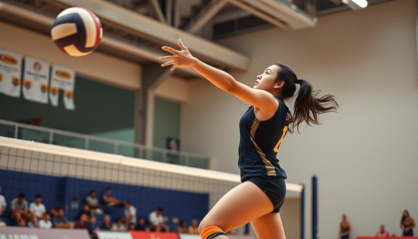 Atlet bola voli melakukan gerakan agility saat pertandingan, menunjukkan pentingnya latihan agility dan keseimbangan untuk atlet bola voli dan basket