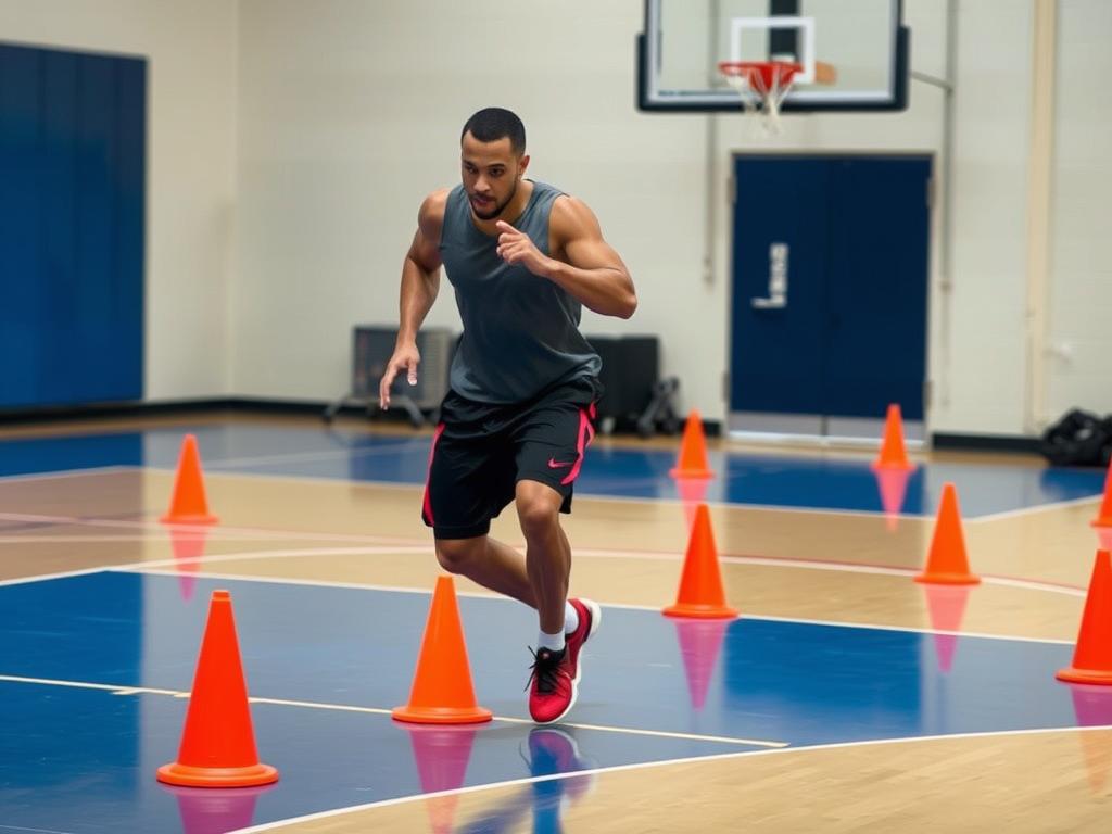 Atlet melakukan box drill dengan gerakan cepat mengikuti pola kotak, contoh latihan agility dan keseimbangan untuk atlet bola voli dan basket Atlet melakukan box drill dengan gerakan cepat mengikuti pola kotak, contoh latihan agility dan keseimbangan untuk atlet bola voli dan basket