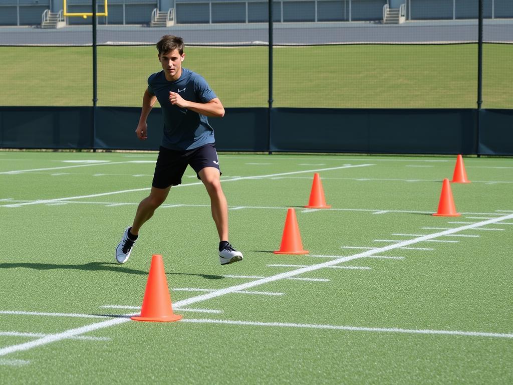 Atlet melakukan latihan lari zig-zag melewati kerucut untuk meningkatkan kelincahan, contoh latihan agility dan keseimbangan untuk atlet bola voli dan basket Atlet melakukan latihan lari zig-zag melewati kerucut untuk meningkatkan kelincahan, contoh latihan agility dan keseimbangan untuk atlet bola voli dan basket