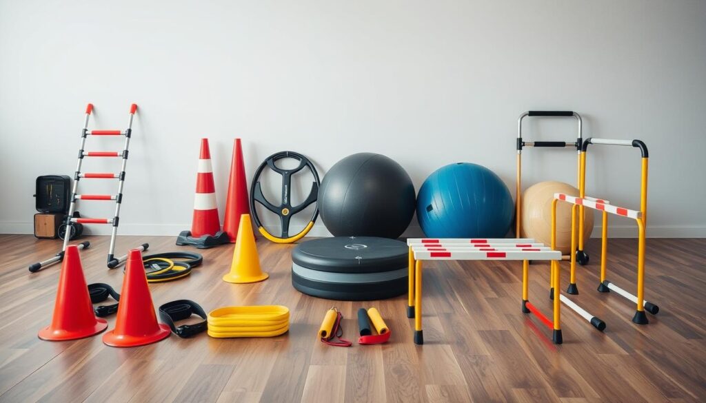 Berbagai peralatan latihan agility dan keseimbangan seperti agility ladder, cone, bosu ball yang direkomendasikan untuk atlet bola voli dan basket Berbagai peralatan latihan agility dan keseimbangan seperti agility ladder, cone, bosu ball yang direkomendasikan untuk atlet bola voli dan basket
