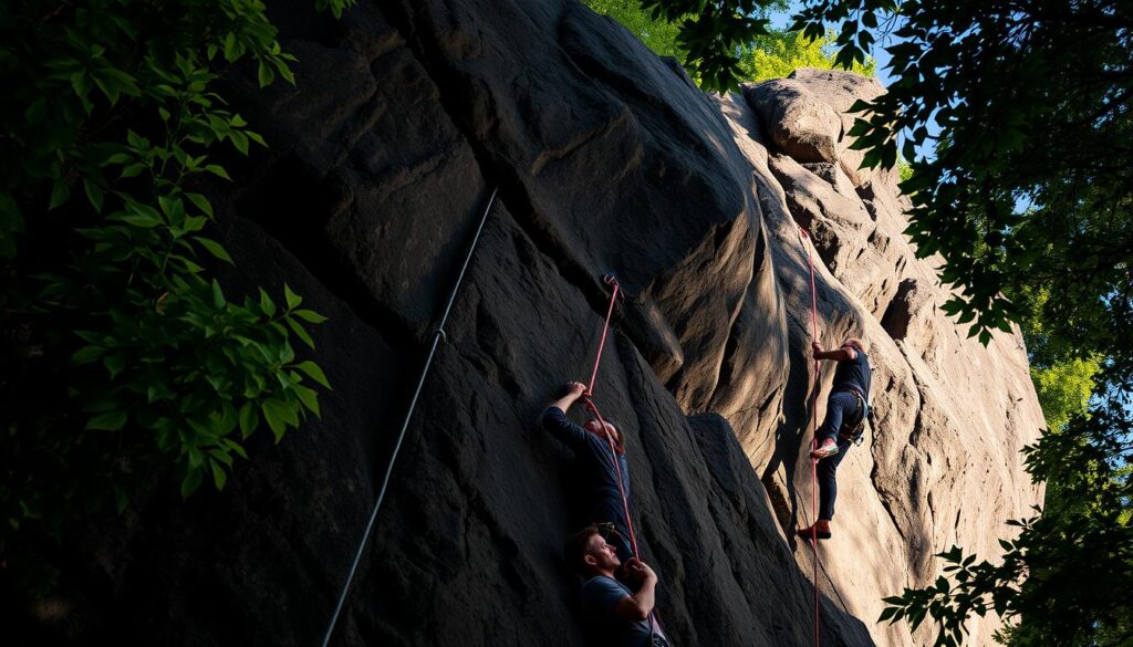 Pelatihan panjat tebing: a dramatic scene of skilled climbers tackling a rugged rock face, surrounded by lush, verdant forest foliage. Dramatic lighting casts dramatic shadows, accentuating the climbers' intense focus and determination. The camera angle is from below, capturing the height and challenge of the climb. The climbers' equipment, such as ropes, harnesses, and carabiners, are visible, showcasing the technical precision required. The overall atmosphere is one of adventure, challenge, and the thrill of conquering a formidable natural obstacle.
