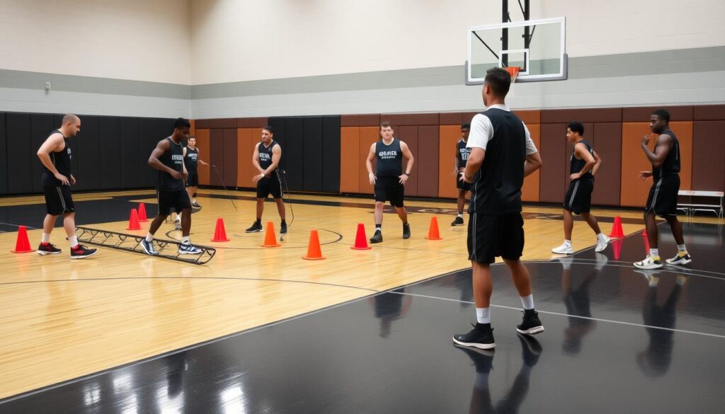 Sesi latihan tim basket yang mengintegrasikan latihan agility dan keseimbangan ke dalam program rutin mereka Sesi latihan tim basket yang mengintegrasikan latihan agility dan keseimbangan ke dalam program rutin mereka