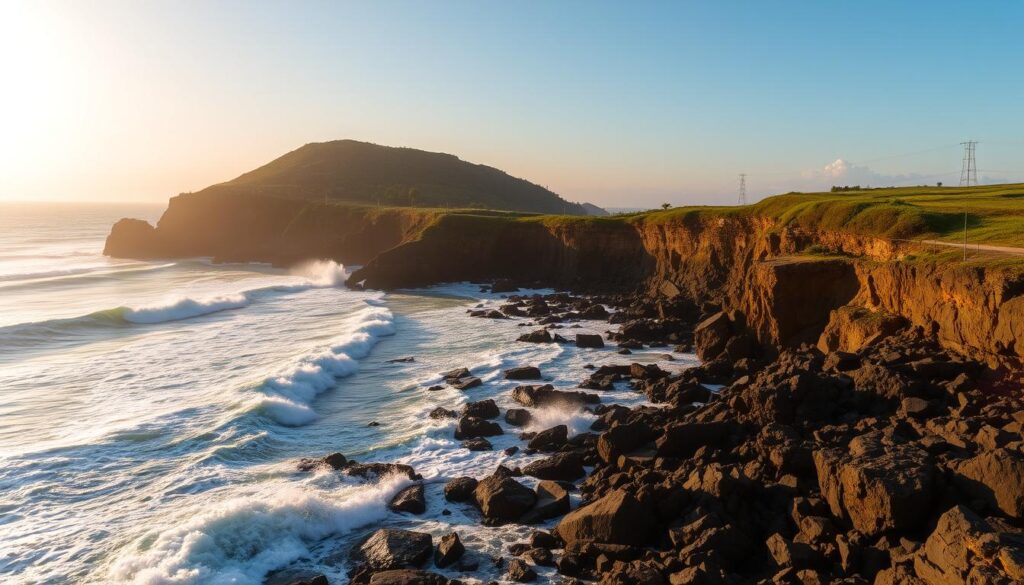 a coastal scene on the north coast of Java, Indonesia, with rolling waves crashing against a rocky shoreline, the sun low in the sky casting warm, golden light across the scene. In the middle ground, the land gradually slopes upward, with lush green vegetation and weathered cliffs. In the distance, the horizon is hazy, suggesting the impact of rising sea levels and changing climate conditions on the local environment. The composition emphasizes the interplay between the powerful ocean and the vulnerable coastline, conveying a sense of the delicate balance and the potential for environmental change.
