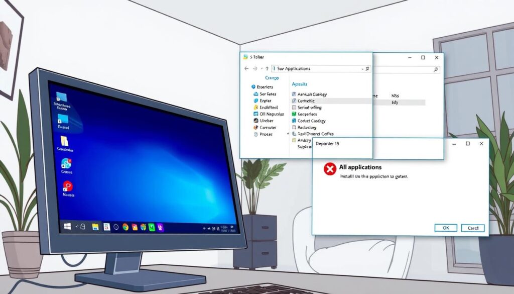 A detailed and informative illustration depicting various methods to uninstall stubborn applications on a Windows interface. The foreground includes a computer screen showing the Windows desktop with icons, an open Control Panel, and a user actively navigating the uninstallation process. The middle ground features an overlapping window with an application list and an error message indicating difficulty in removal. In the background, there are subtle elements of a home office environment, like a potted plant and a soft chair. The lighting is bright and neutral, creating a professional atmosphere. The scene is captured from a slightly elevated angle to provide clarity and depth, ensuring all elements are clearly visible, exuding a mood of determination and problem-solving.