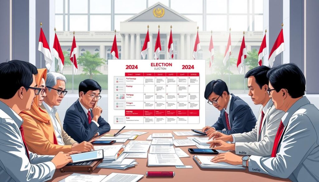 A detailed illustration depicting the main stages of the 2024 Indonesian election preparation. In the foreground, a diverse group of professionals in business attire, including men and women of various ethnic backgrounds, are discussing election schedules around a large table filled with papers and digital devices, foster an atmosphere of collaboration and urgency. In the middle ground, a large calendar marked with critical election dates and checklists can be seen, emphasizing the planned timeline. The background features a government building with Indonesian flags, symbolizing national significance. The scene is brightly lit with natural light filtering through large windows, creating a sense of optimism and determination. The overall mood is focused and professional, highlighting the importance of these preparatory stages for a successful election.