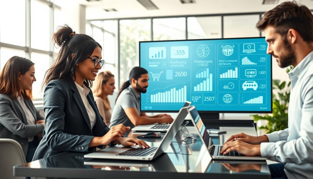 A dynamic digital workspace illustrating the potential income from online jobs. In the foreground, a diverse group of professionals, including a woman in a smart business suit and a man in a casual outfit, are engaged in remote work on laptops, showing collaboration and creativity. The middle ground features a large digital screen displaying various graphs and icons representing different online job opportunities, such as freelancing, e-commerce, and digital marketing. In the background, a modern office with large windows allows sunlight to fill the room, creating a bright and inviting atmosphere. The overall mood is optimistic and inspiring, capturing the essence of flexible career possibilities in the digital age. Soft, natural lighting enhances the professional yet approachable vibe of the scene.