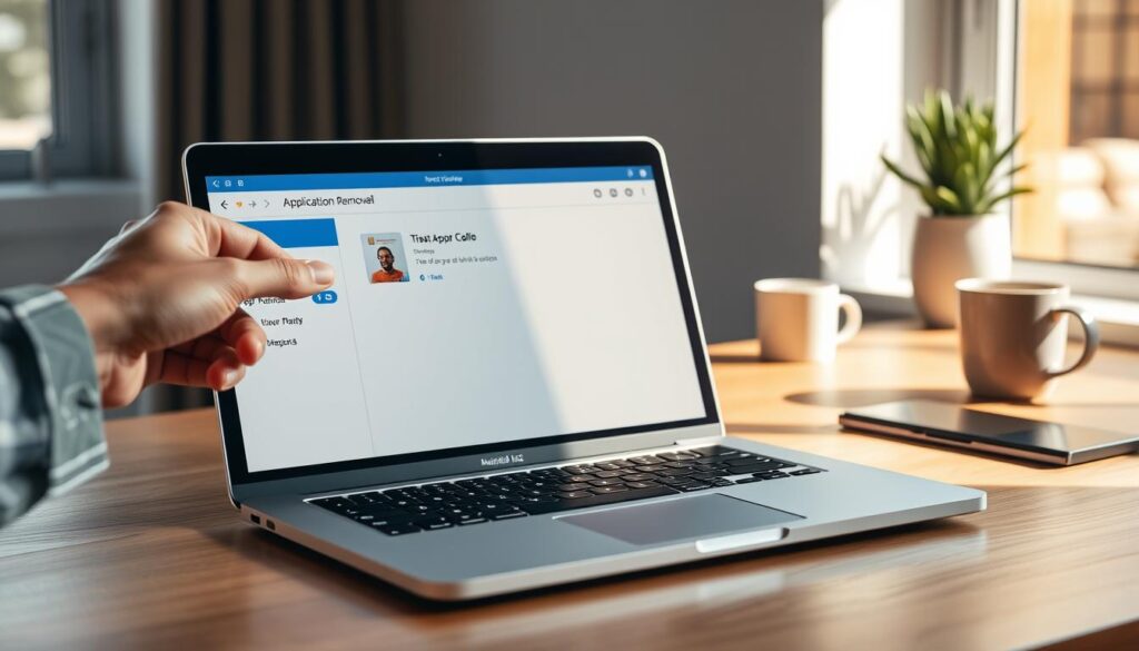 A modern macOS laptop sits on a sleek wooden desk, displaying the application removal interface on the screen. In the foreground, a hand gently drags an app icon to the trash bin, illustrating the action of deleting an application. The middle ground features the laptop, illuminated by soft natural light coming through a nearby window, casting warm shadows across the desk. In the background, there are minimalistic decor items such as a potted plant and a coffee mug, adding to the calm, organized atmosphere of a professional workspace. The image conveys a sense of focus and clarity, suitable for guiding readers through the process of uninstalling applications on macOS.