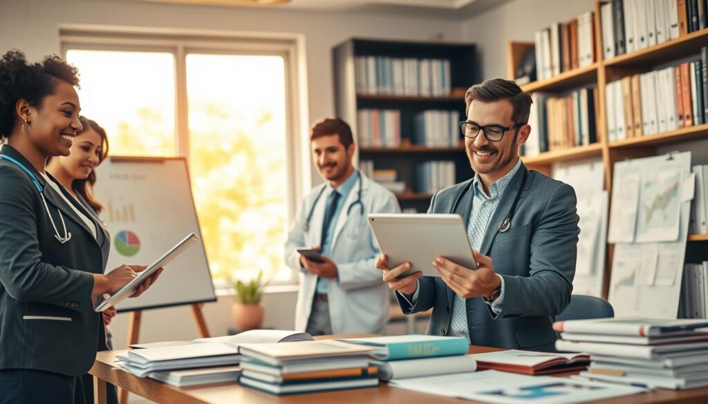 A professional and engaging scene depicting a diverse group of healthcare professionals collaborating in a modern office environment, symbolizing commitment to accurate health information. In the foreground, a confident woman in a smart blazer holds a tablet displaying health statistics, while a man in glasses reviews documents on a desk filled with medical books and research papers. In the middle ground, a large window lets in warm natural light, illuminating a whiteboard filled with charts and graphs. In the background, a bookshelf is filled with medical journals and credentials, emphasizing reliability. The atmosphere is one of focus and dedication, showcasing teamwork and a shared mission to provide trustworthy health information. The setting conveys professionalism, trust, and accuracy, with a warm color palette and soft lighting creating an inspiring mood.