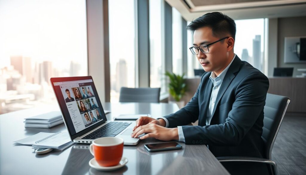 A professional office space with a modern design, featuring a sleek desk with a laptop open, displaying various online administrative tools. In the foreground, a focused individual of Asian descent wearing business casual attire, engaged in virtual meetings, appears concentrated while typing notes. The middle ground includes printed documents, a smartphone, and a coffee cup, emphasizing the multitasking nature of online administration. The background shows a large window letting in natural light, enhancing the vibrant atmosphere, with city skyline views. The mood is one of productivity and professionalism, captured in bright, well-lit conditions mimicking a contemporary workspace. The angle of the image is slightly above eye level, giving depth to the scene.