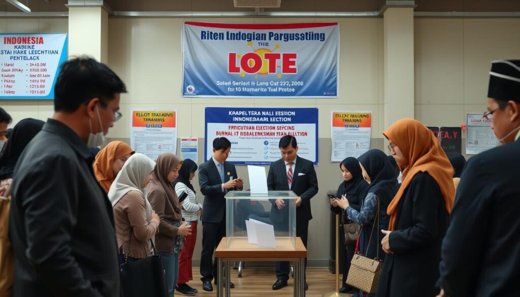 A professional setting depicting the voting process for an Indonesian election, showcasing a diverse group of voters in the foreground engaged in casting their votes in a well-organized polling station. In the middle, a clear ballot box is visible, surrounded by election officials in professional business attire assisting voters. The background features electoral banners and informative posters about the election timetable, with soft lighting to create an inviting atmosphere. The scene is captured from a slight angle to emphasize interaction among participants. The overall mood conveys civic engagement and the importance of democratic participation. No text or additional elements included.