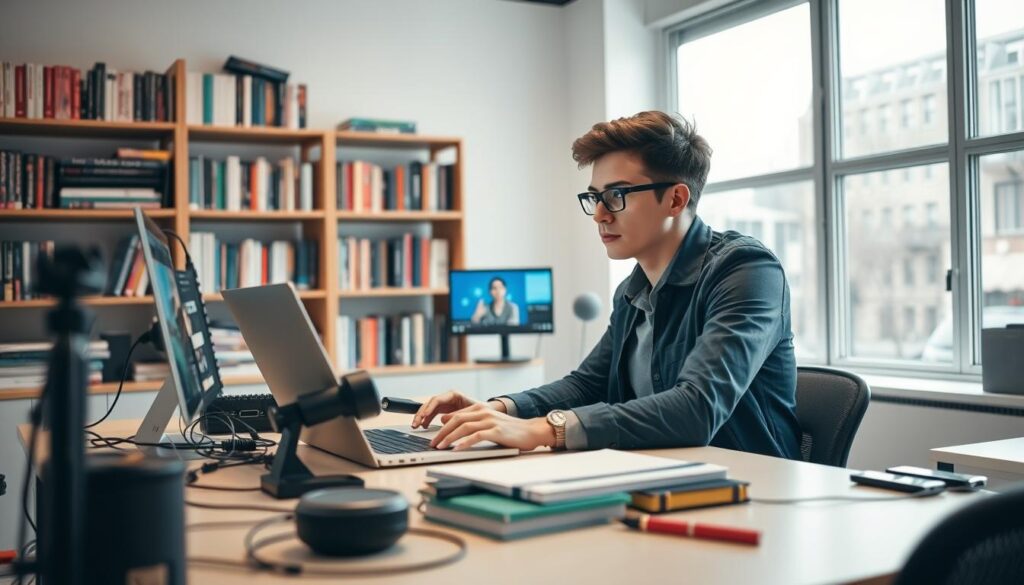 A skilled content creator is seated at a modern workstation, focused on a laptop surrounded by creative gadgets and equipment. In the foreground, the creator, a young professional in smart casual attire, is engaged in video editing, with vibrant visuals displayed on the screen. The middle ground features shelves filled with books on marketing, design, and technology, enhancing the creative atmosphere. In the background, large windows flood the room with natural light, illuminating the energized space. The overall mood conveys determination and creativity, emphasizing the necessary skills for success in the digital world. The image should evoke a sense of professionalism and inspiration.