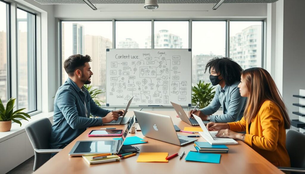 A vibrant and engaging workspace scene showcasing diverse content creators brainstorming strategies. In the foreground, a group of three professionals, two men and a woman, are seated around a modern table, immersed in discussion. They are dressed in smart casual attire, with laptops open, colorful notebooks scattered, and digital tablets in use. In the middle, a whiteboard filled with creative ideas and flowcharts is clearly visible, symbolizing innovative content strategies. The background displays large windows allowing soft, natural light to flood the room, enhancing the inviting atmosphere. The entire setting conveys a sense of collaboration and creativity, filled with an inspiring mood, captured with a wide-angle lens to emphasize the lively interaction. A vibrant and engaging workspace scene showcasing diverse content creators brainstorming strategies. In the foreground, a group of three professionals, two men and a woman, are seated around a modern table, immersed in discussion. They are dressed in smart casual attire, with laptops open, colorful notebooks scattered, and digital tablets in use. In the middle, a whiteboard filled with creative ideas and flowcharts is clearly visible, symbolizing innovative content strategies. The background displays large windows allowing soft, natural light to flood the room, enhancing the inviting atmosphere. The entire setting conveys a sense of collaboration and creativity, filled with an inspiring mood, captured with a wide-angle lens to emphasize the lively interaction.